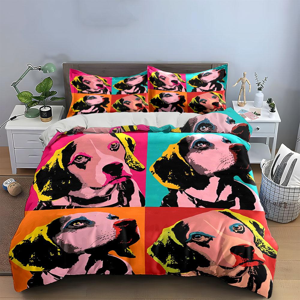 Colorful Pop Art Dog Portrait Bedding Duvet Cover Set Duvet Cover Pillowcases (1*Duvet Cover 2*Pillowcases, Without Duvet Insert)