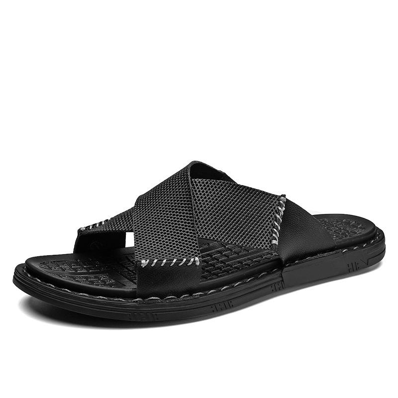 

W7621 Men S Shoes One-Word Foot Sandals Summer Cowhide Surface Handmade Flat Two Shoes Half Slippers Beach Sandals 44