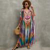 EDOLYNSA 2023 Bohemian Printed Kaftan Dress Plus Size Swim Cover Up Summer Casual Long Robe Loose Holiday Wear Q1464