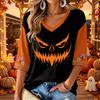 Women's V-Neck Halloween Print Three-Quarter Sleeve Casual Blouse for Fall