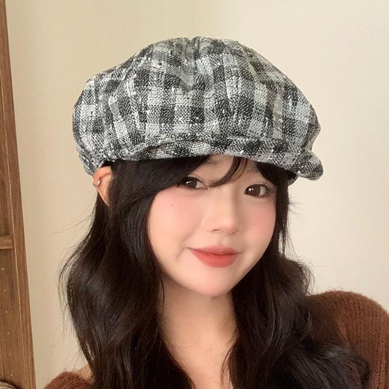 American Retro Versatile Houndstooth Octagonal Hat for Women In Autumn and Winter Face Showing Small Beret Outdoor Casual Painter Hat New