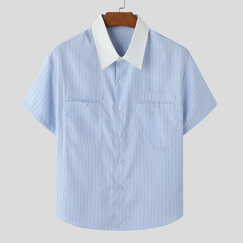

INCERUN Oversized Summer Men Lapel Short Sleeve Patchwork Striped Casual Shirts 3XL светло-синий