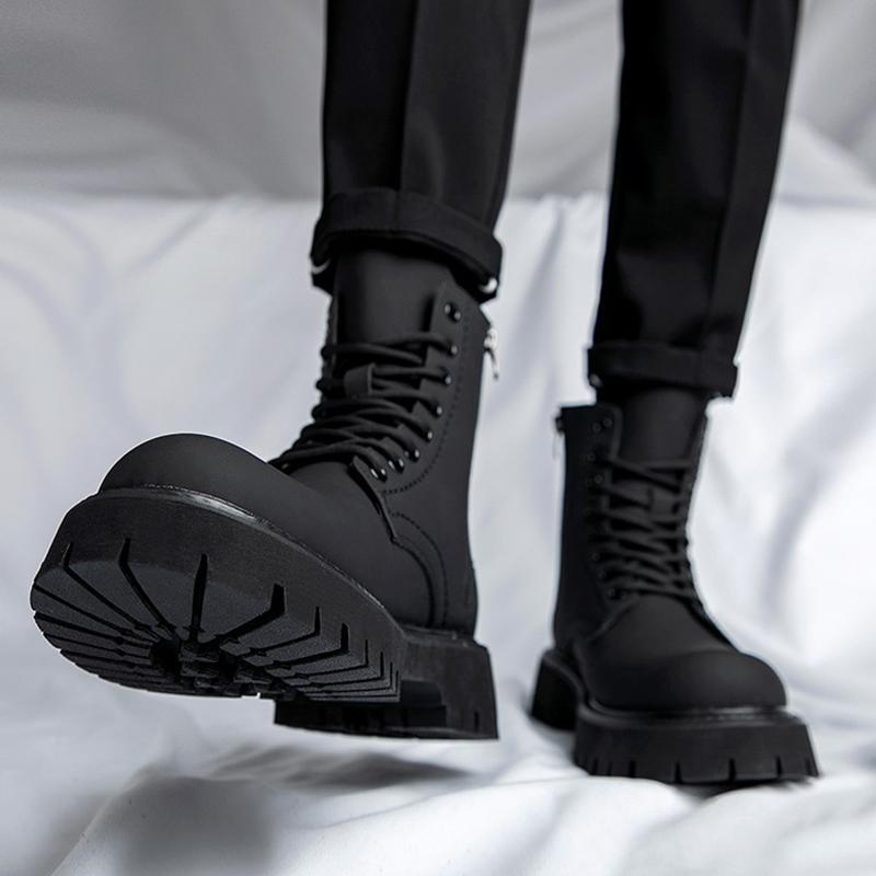 Spring Autumn Shoes Mens Fashion Single Boots Brand Male Ankle Boots Pure Black Non-slip Thick Sole