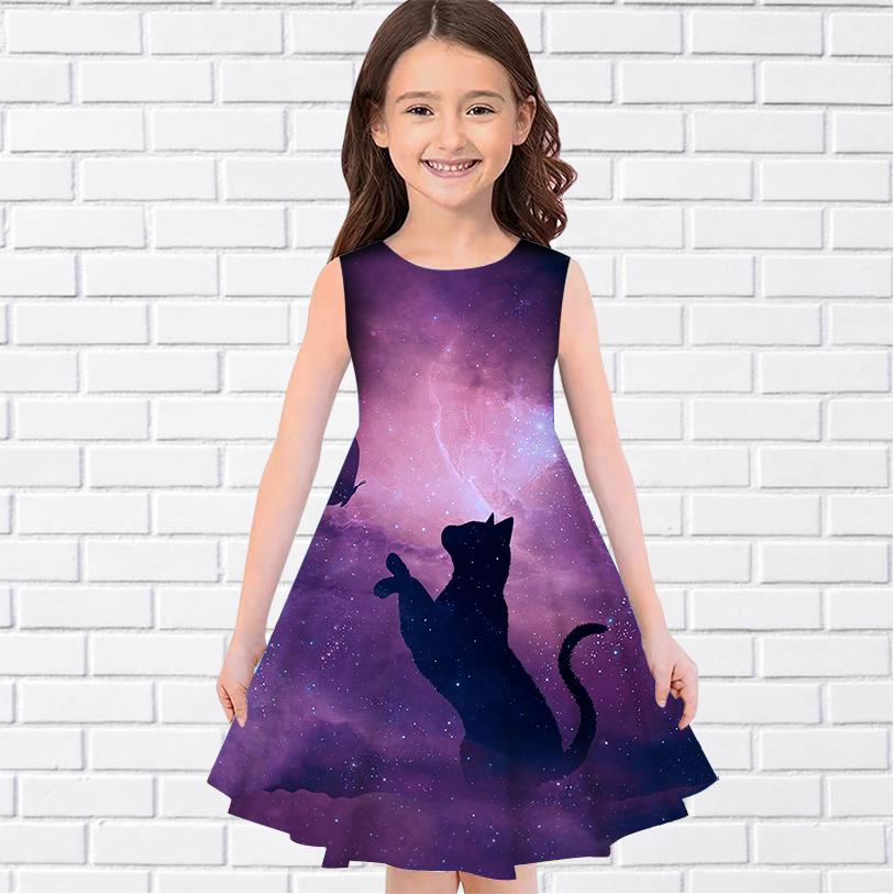 Summer Sleeveless Round-neck Vest Dresses Princess Dresses Cute 3D Printing Funny Cat Pattern Girls' Dresses