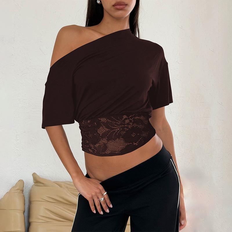 Women Sexy Slanted Neck Off Shoulder Short Sleeve Lace Patchwork Waist Cinched Cropped T Shirt