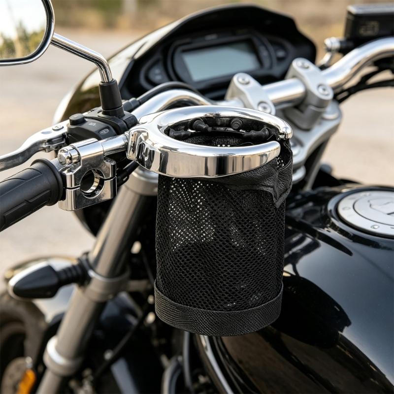 Motorbike Beverage Holder Mesh Cup Pocket with 22 Mm Handlebar Clamp, for Daily Use, Road Travel and Commute Miles
