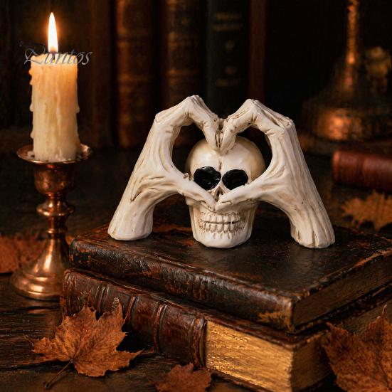 Halloween Desktop Decoration Gothic Skeleton Hands Heart Sculpture with Skull, Romantic Love Statue, Secret Room Horror Display Shape Finger