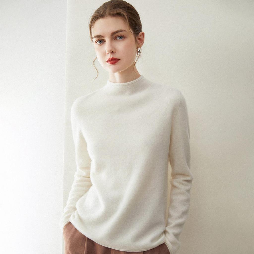 Women's 100% Pure Cashmere Half-High Neck Rolled Hem Sweater: Soft, Warm, Versatile Pullover Knit.