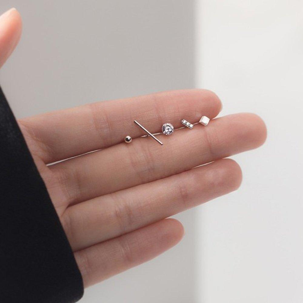 Hermosa:J E067 925 Silver Earrings, 5-Piece Set, Daily Cubic Mini Earrings