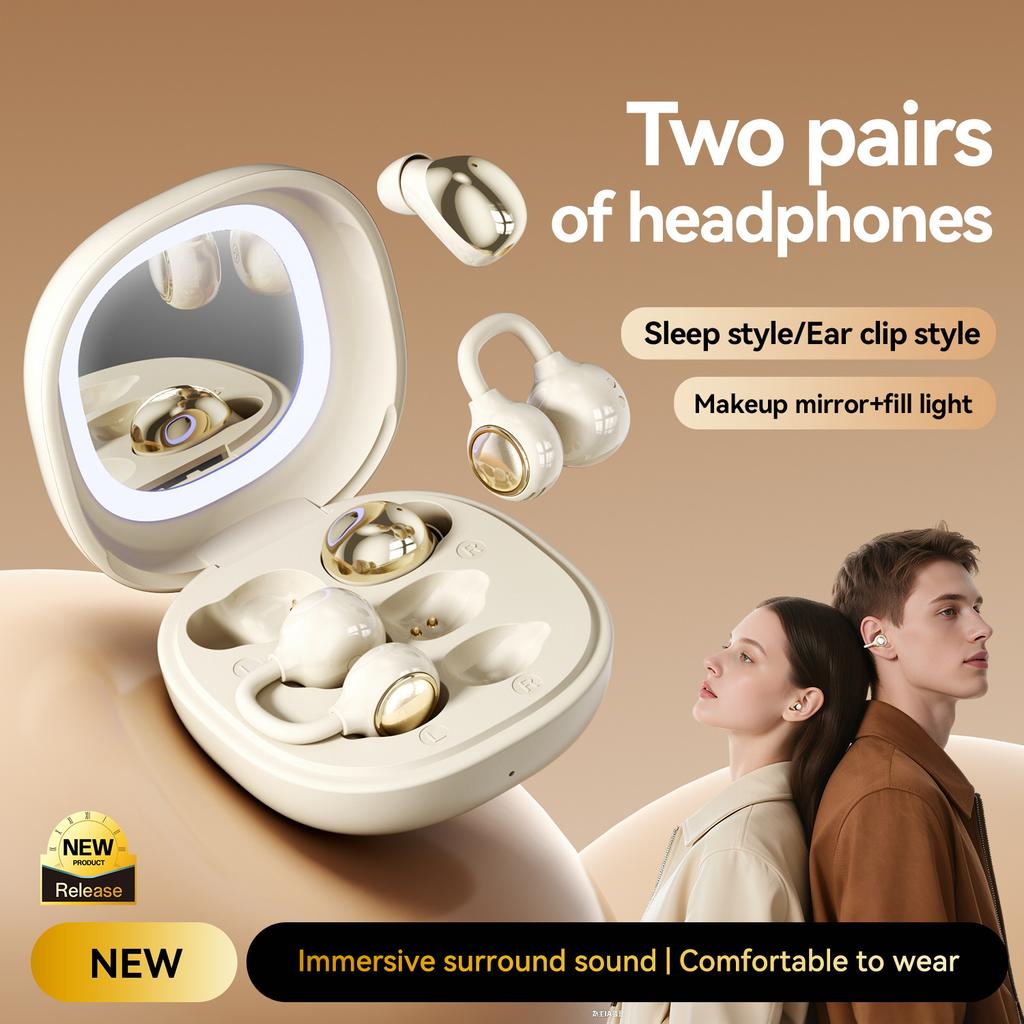 Wireless Bluetooth Earphones 2-in-1 Dual Pairs Ear Clip & In-Ear with Makeup Mirror for Couples Gift Long Battery HiFi Sound