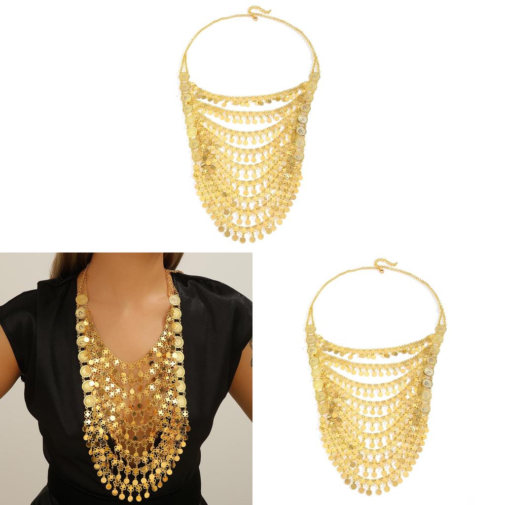 Halsband med mynthänge i guldlegering och flerskiktade tofsar för kvinnor sommar