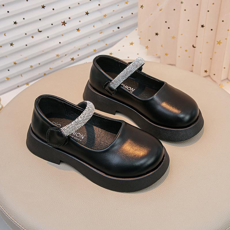 Kids Black Rhinestone Strap Thick Sole Mary Jane Shoes 26