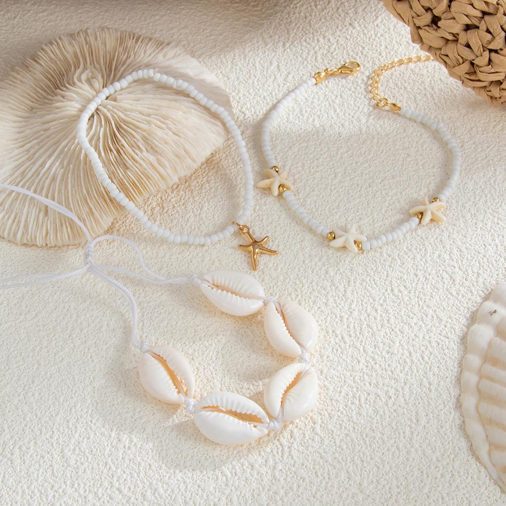 Beach Resort Style Starfish Scallop Shell Anklet, Simple Imitation Pearl Chain Rice Bead Foot Decoration For Women