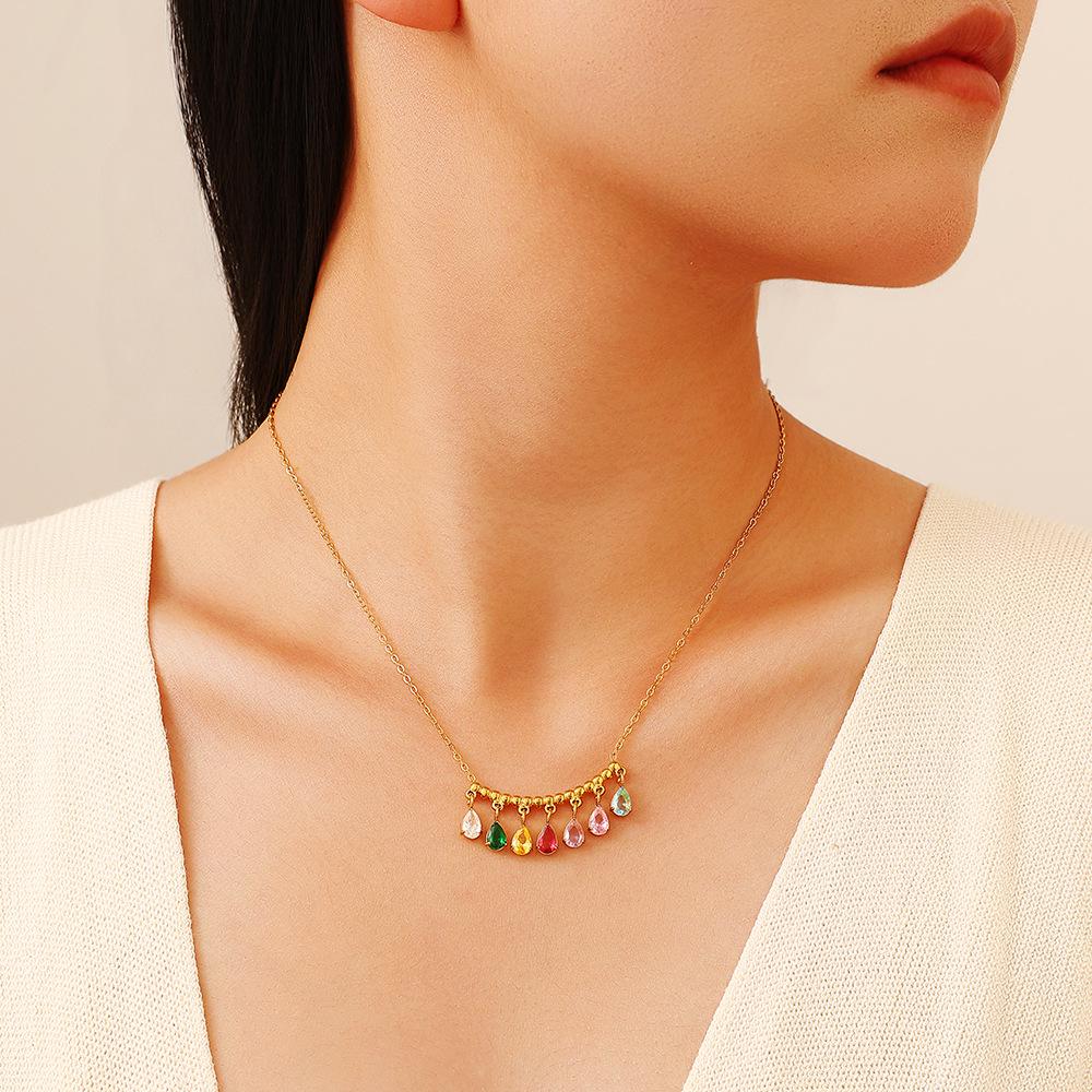 18K Gold Titanium Stainless Steel Zircon Necklace with Colorful Diamond Tassel Pendant - Waterproof