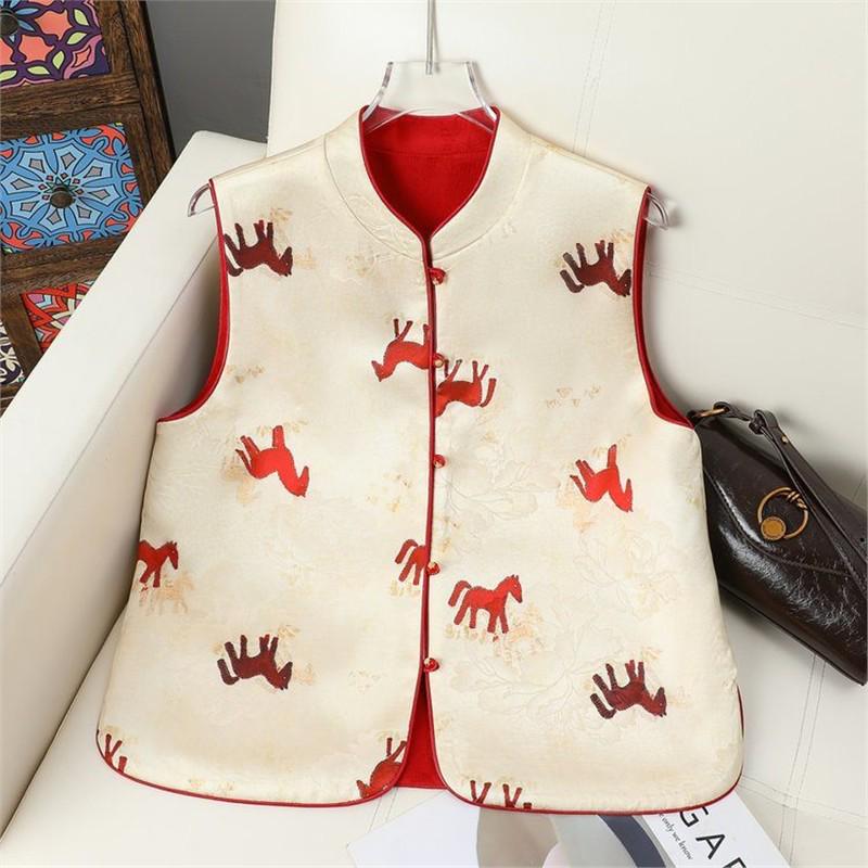 

Elegant Chinese Style Sleeveless Double-Sided Vest with Butterfly Print and Stand Collar for Spring and Autumn 2XL 105-120 червоний
