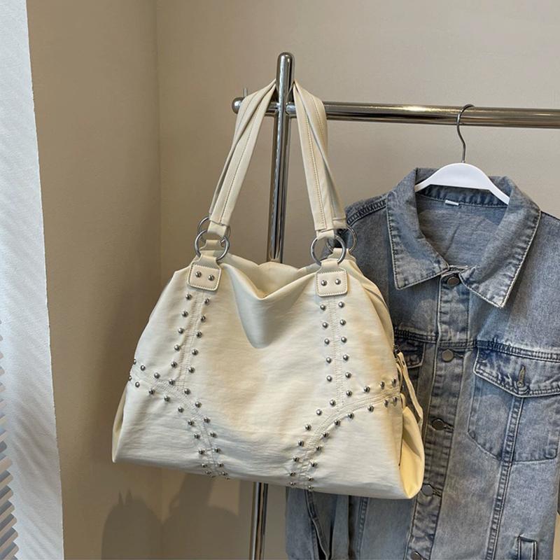 

Yogodlns Fashionable Nylon Rivet Underarm Tote Bag Women s Large Capacity Shoulder Commuter Bag Autumn Trend Pure Color Bags Handbag 43x17x30cm белый