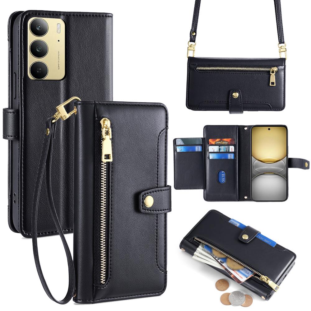 For Realme C75/14x 5G Case Zipper Pocket Wallet Leather Phone Cover with 2 Straps