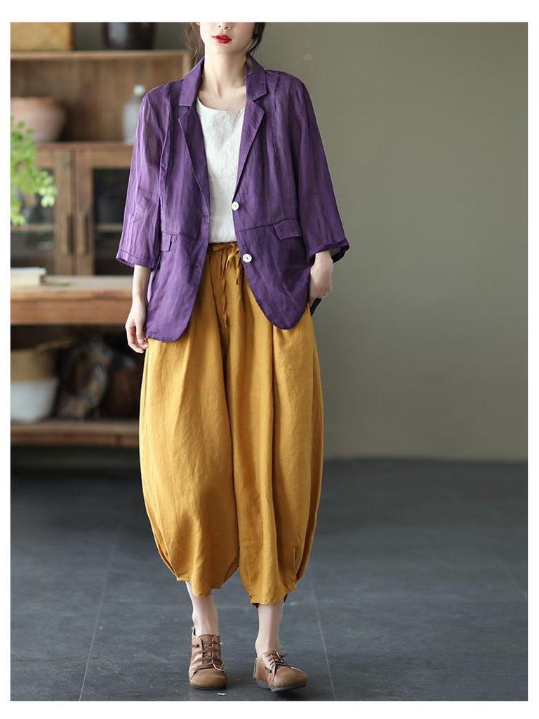 Women's Dopamine Retro Zen Style Elastic Waist Cotton Linen Cropped Harem Pants for Spring Summer