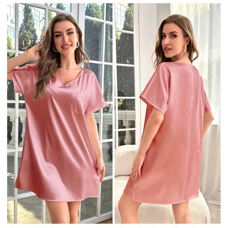 Womens Plus Size Ice Silk Sleep Dress Lightweight V-Neck Short Sleeve Nightgown Home Comfort