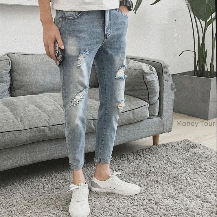 Jeansi skinny rupți la modă pentru bărbați în stil coreean - Slim, largi, lungime nouă puncte pentru primăvară/vară