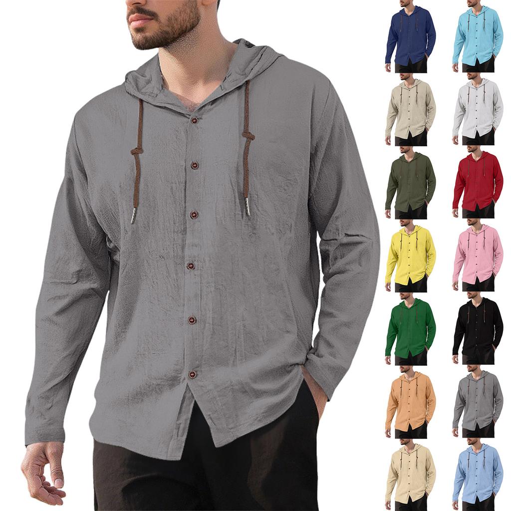 Men's Casual Cotton-Linen Blend Hooded Button-Down Shirt
