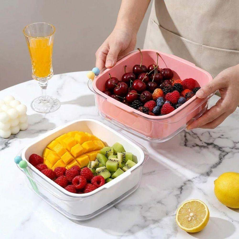 Dual Layer Fruit Water-Filtering Bowl Large Capacity with Strainer Fruit Serving Plate with Lid Plastic Fruit Bowl with Fork