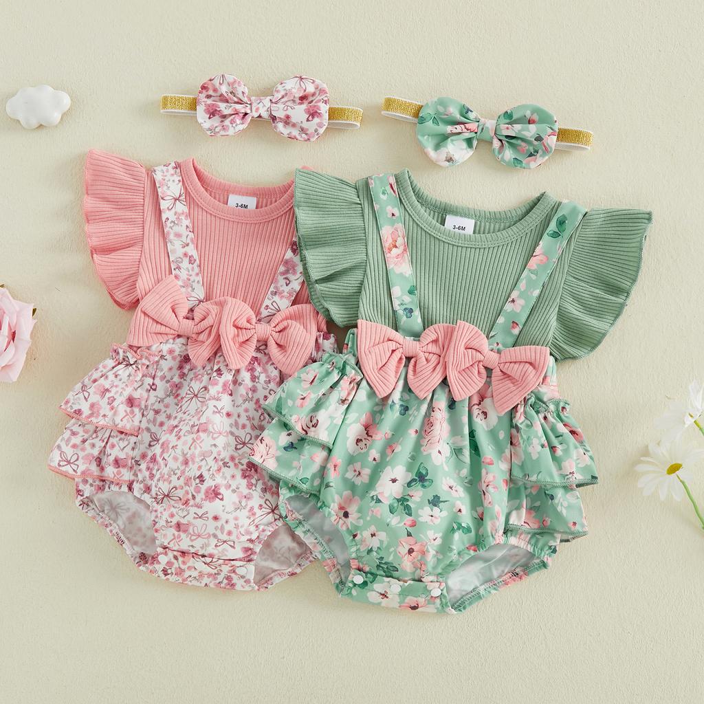 Citgeett Summer Infant Baby Girl Floral Bodysuit Dress Cute Bow Flying Sleeve Jumpsuit Headband Clothes