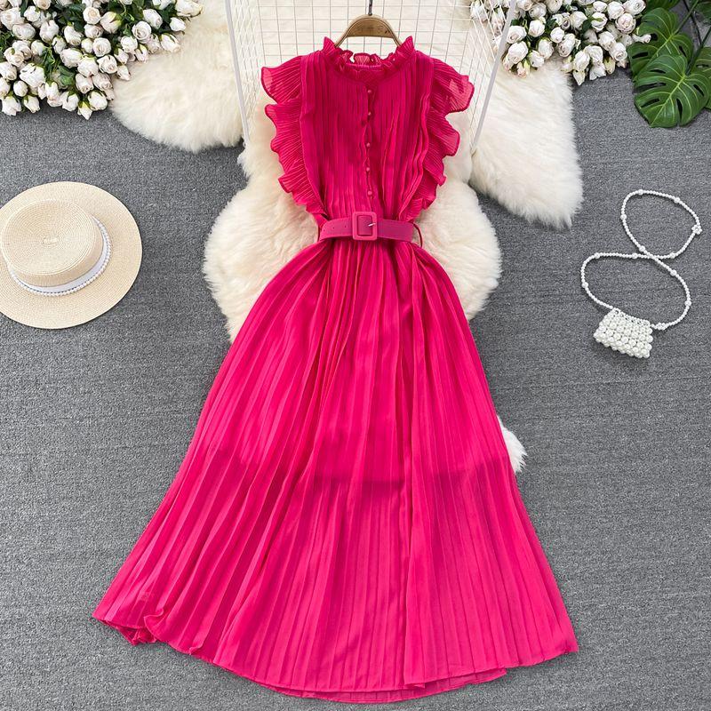 

Fancy Light Luxury Temperament Flying Sleeves round Neck Waist Trimming Slim Looking A- line Pleated Dress Elegance Swing Long Dress Rose Red All yards