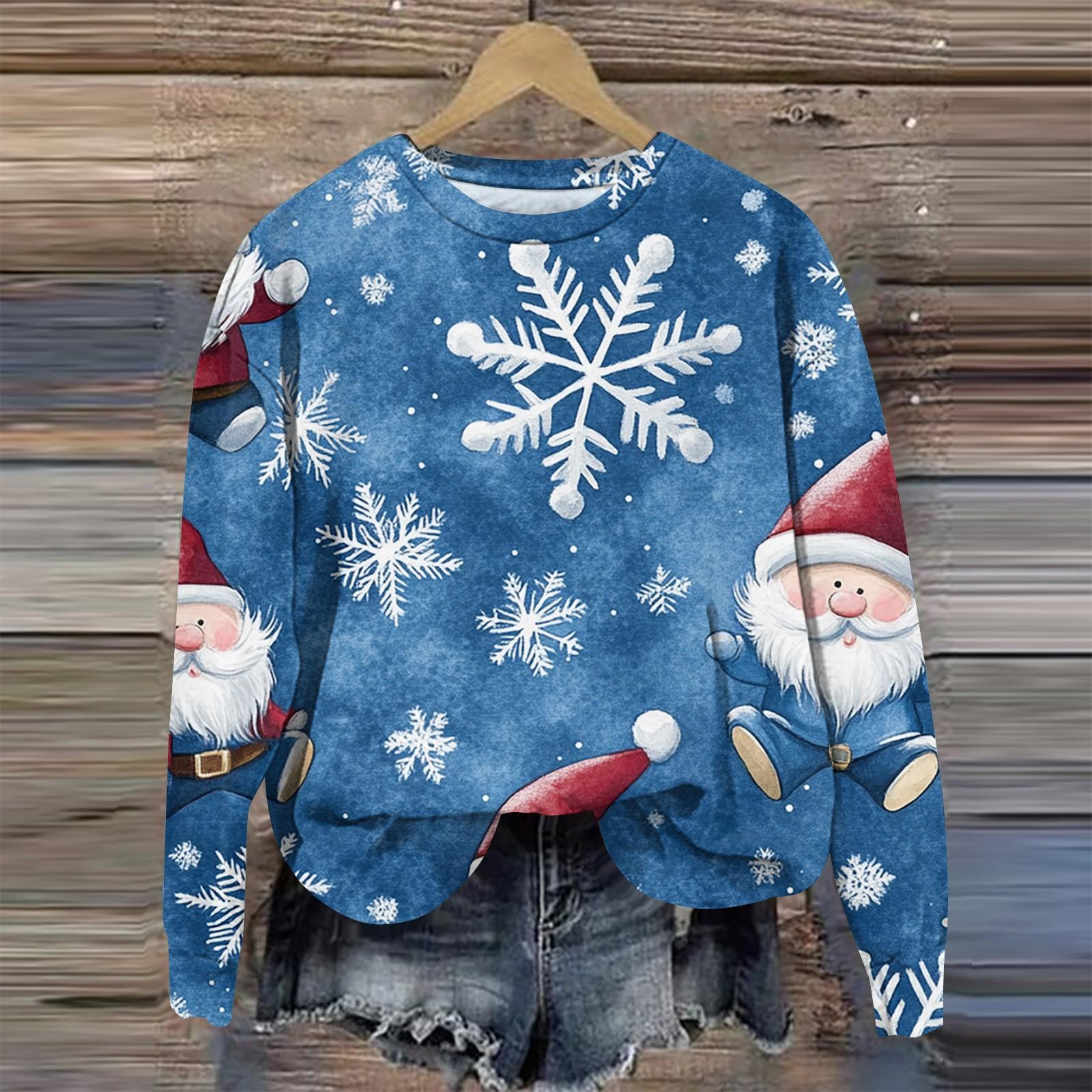 Женская мода круглый вырез пуловер длинный рукав футболка рождественский принт топ M — фото 10