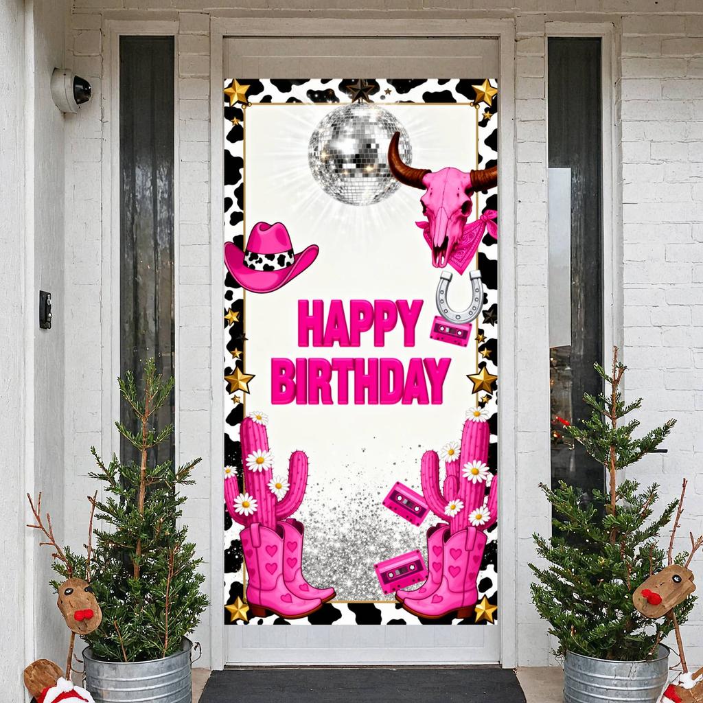 Disco Birthday Background Pink Cow Skull Birthday Display Banner Glitter Design Birthday Door Cover For Cowgirl Themed