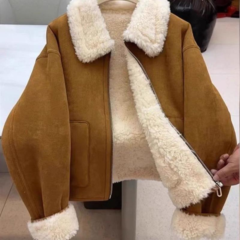 Lapel fur integrated coat women's autumn and winter new warm thickened imitation lamb wool deerskin fleece fur top