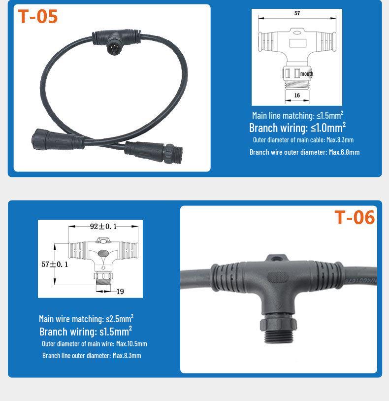 Waterproof Metal T-Type Tee Connector for 2, 3, or 4-Core Sensors, Ideal for Easy Docking at Base Stations