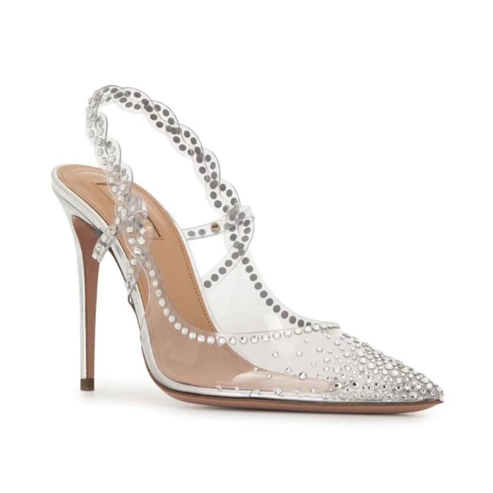 

Spring and summer new style pointed transparent with rhinestone heels silver fashion trend stiletto women s shoes 34