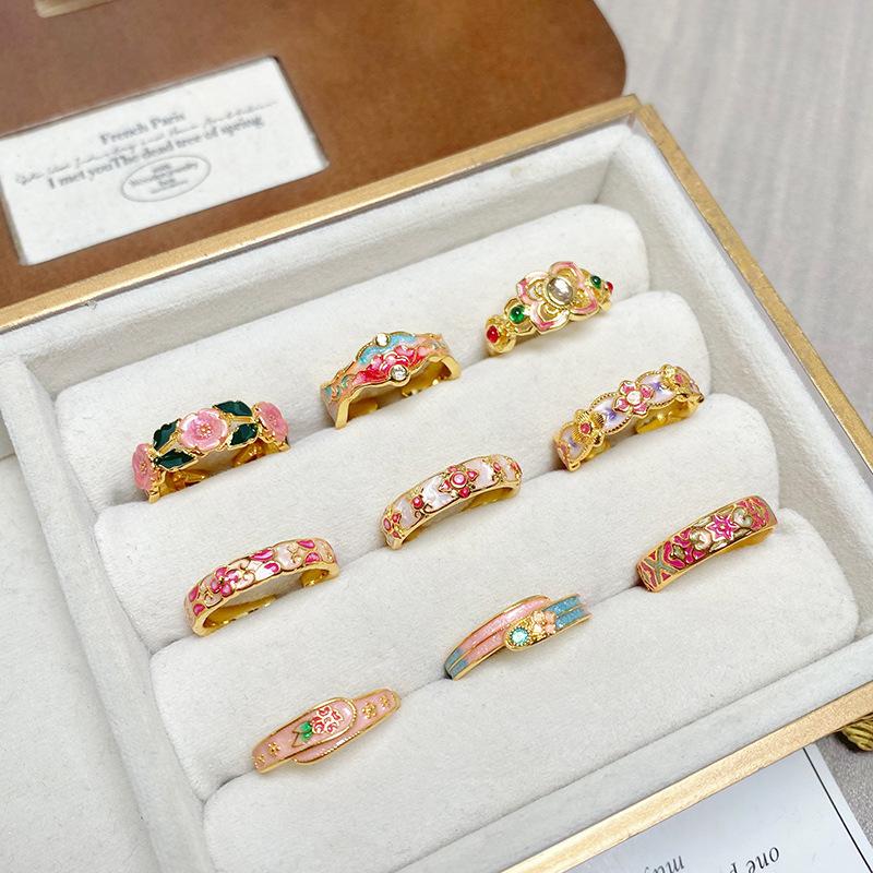 Medieval Vintage Colored Enamel Flower Butterfly Opening Ring Female Retro Niche High-End Light Luxury Ring