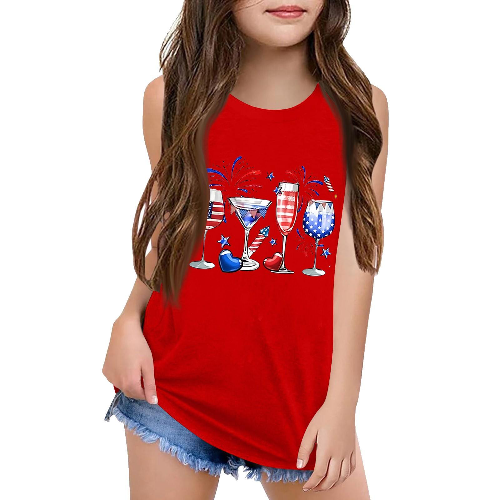 

Девочки Дети Лето Круглый вырез Без рукавов Рубашки Майки 130 красный