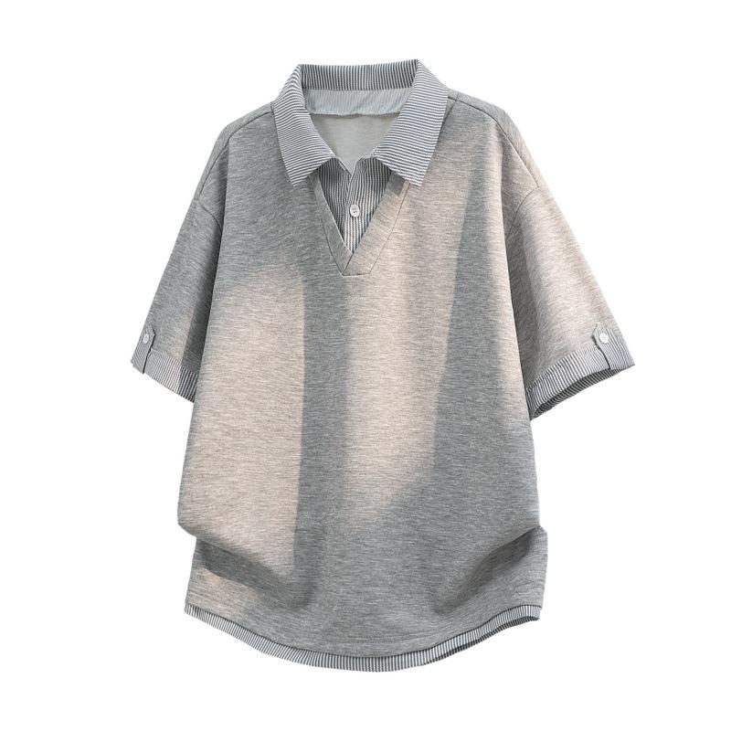 T-shirt men s summer short-sleeved men s fake 2 pieces POLO shirt structure men s loose leisure sports loose leisure M серый