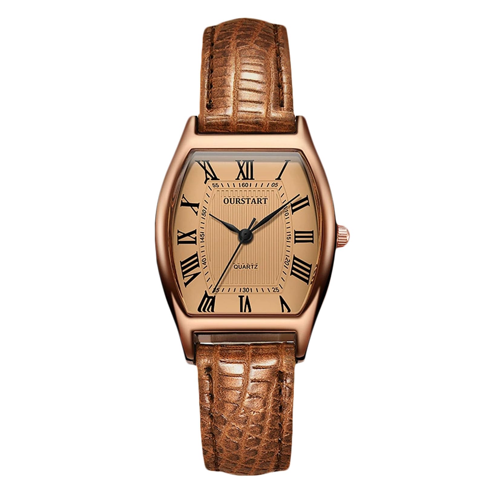 

RORIOS Women s Tonneau-Shaped Analog Quartz Watch with Leather Band, Roman Alphabet Dial, Elegant Retro Casual Simple Watch for Women, Brown