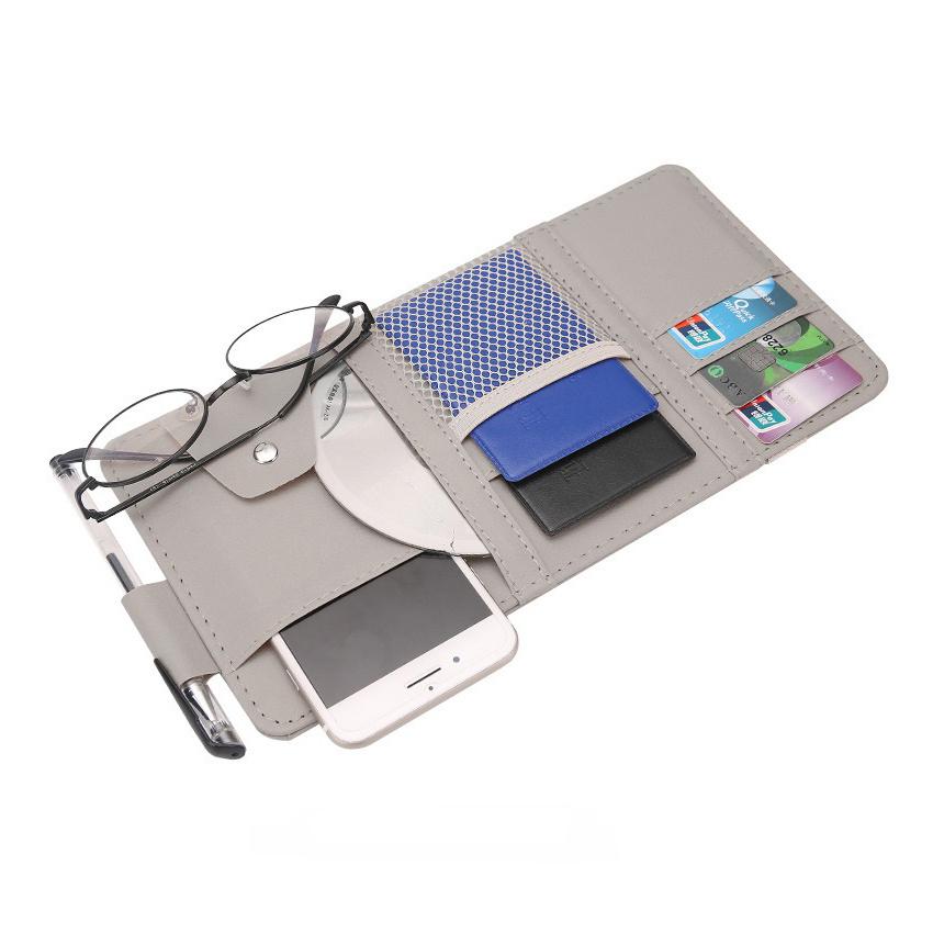 Car Sun Visor Clip Organizer Auto Interior Accessories Storage Pocket Pouch PU Leather Cards Receipts Pouch Black/Grey/Beige