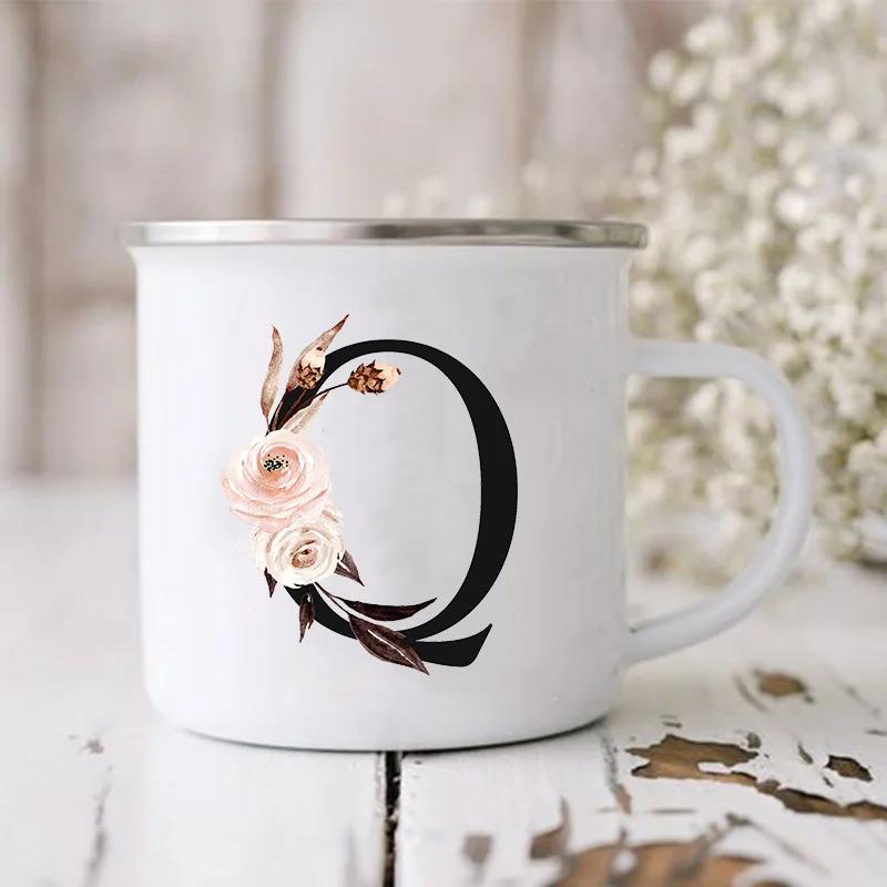 Initial Letter Print Mugs Enamel Creative Coffee Cups Drinks Wine Juice Milk Cup Vintage Home Office Handle Drinkware Best Gifts