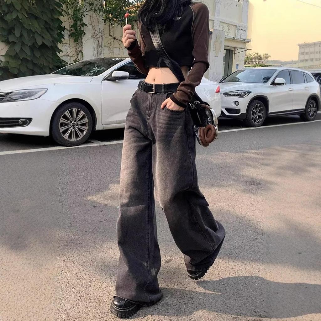 American Retro Velvet-Lined Wide-Leg High-Waist Women's Jeans for Autumn & Winter