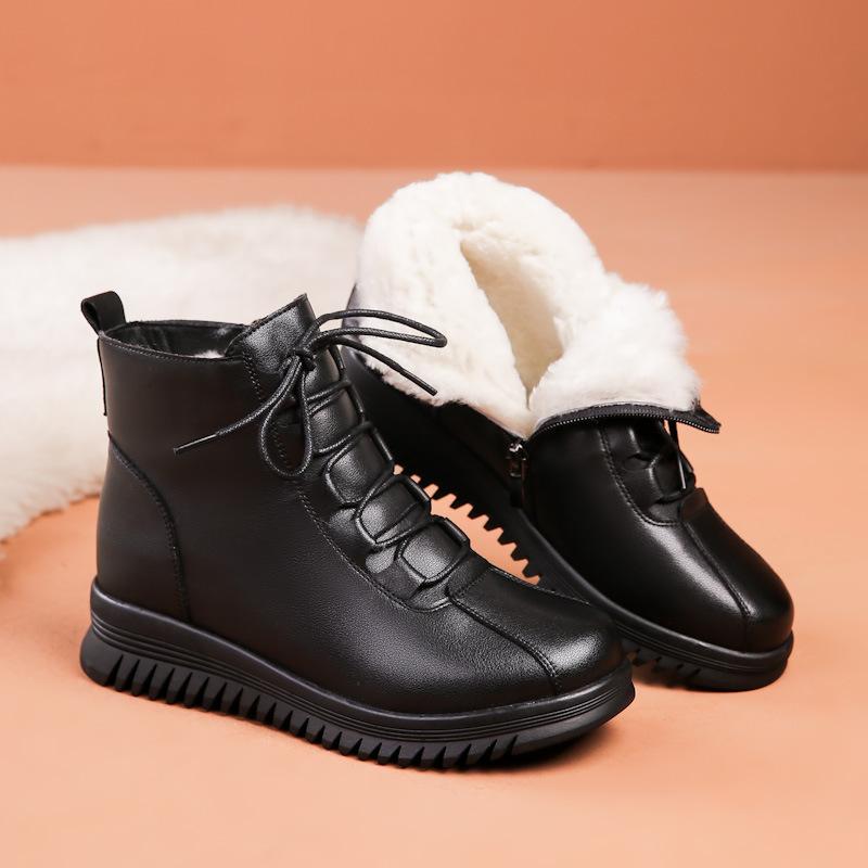 Middle-aged Women's Winter Warm Cotton Shoes Mom's Comfortable Genuine Leather Non-slip Lace Up Short Boots