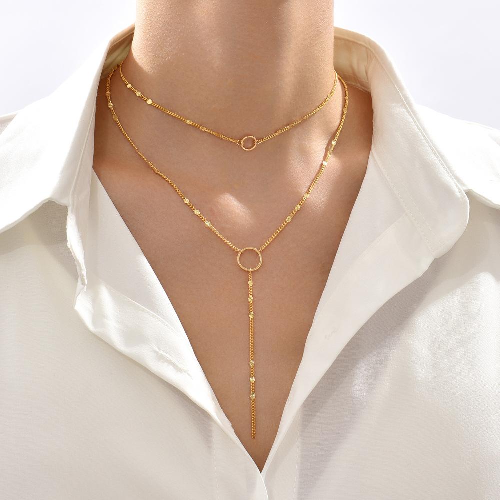 14K Gold Geometric Necklace Y Necklace Clavicle Chain 2-in-1 Neck Chain Stacked Double-layer Tassel Set Chain