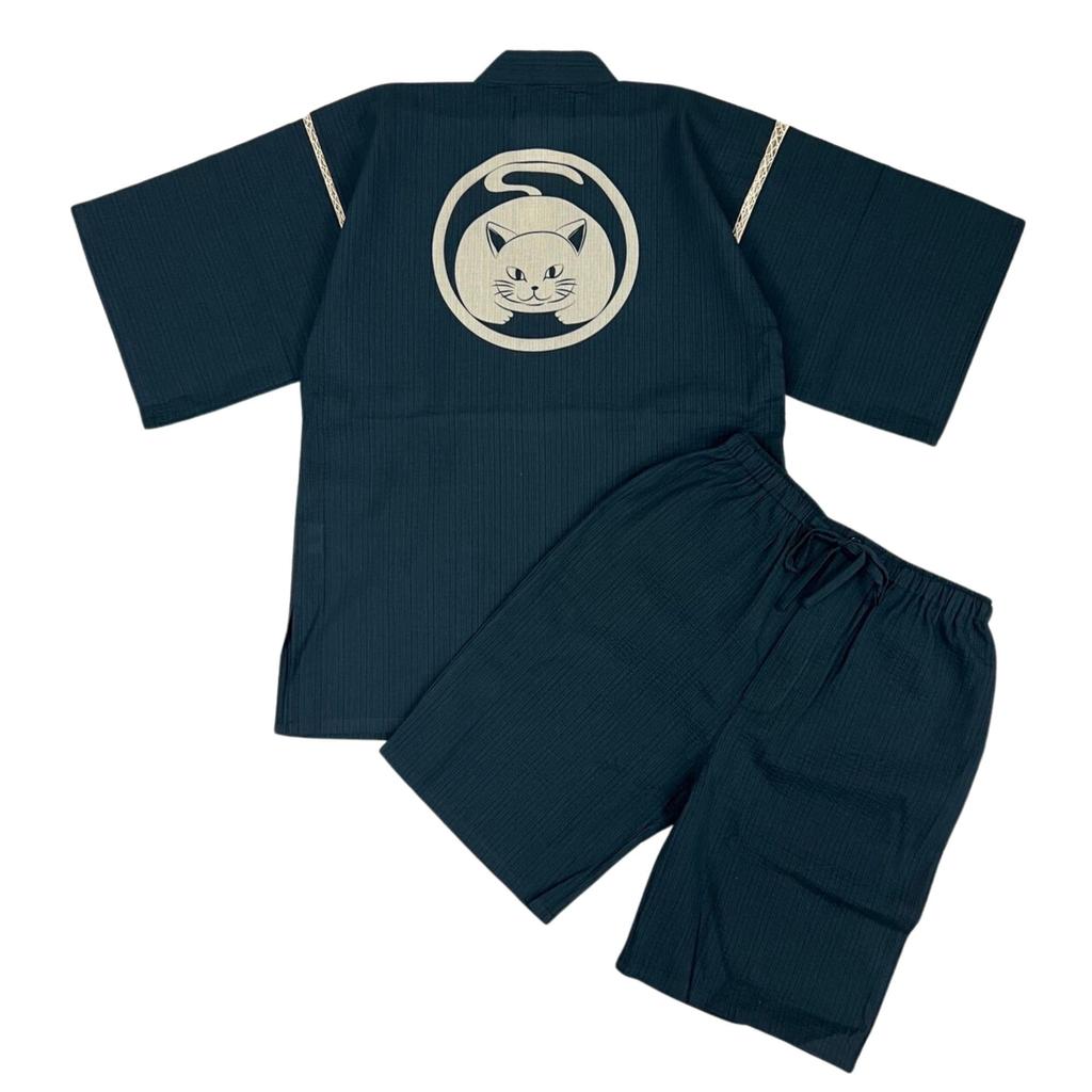 Edoten Jinbei for Cat Original Facing Navy Size L Men's Shijira-woven (Jinbei) Summer, Cool, 100% Cotton, Discharge-dyed Print, Design, Cat, Blue,