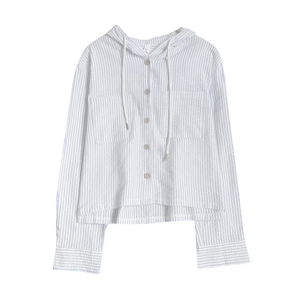 

Retro Long Sleeved Shirt Drawstring Sweatshirts for Women Fashion Striped Hooded Shirt Spring S белый