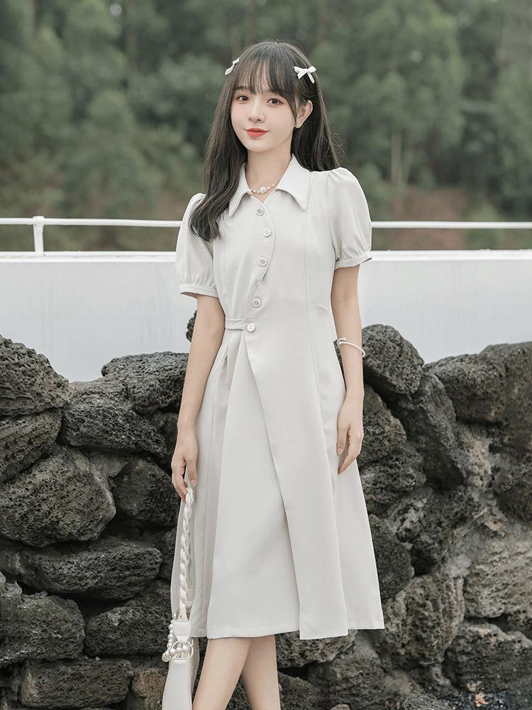 French sweet waist and thin temperament dress, summer new gentle wind design sense niche shirt medium and long dress