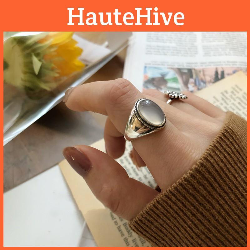Exquisite Korean Vintage 925 Sterling Silver Ring With Adjustable Open Band And White Agate Stone
