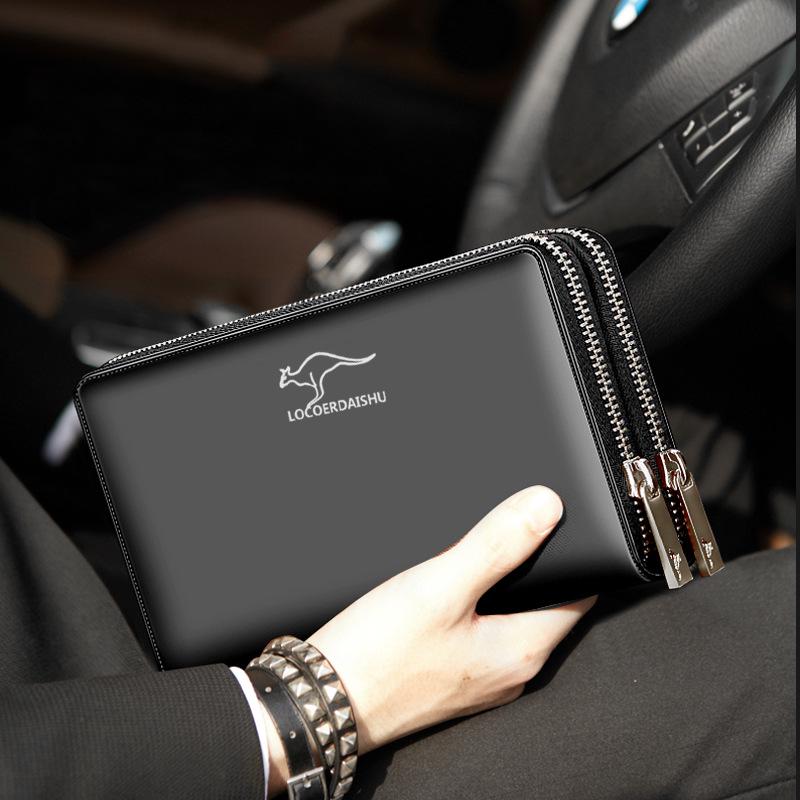 Men's Long Clutch Wallet with Multi-Card Slots, Phone Pocket, and Zippered Business Card Holder.