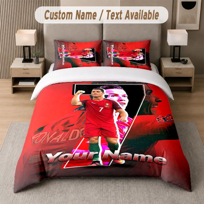 Set Biancheria da Letto Personalizzato Modello Cristiano Ronaldo, Stampa Nome Testo 1 Copripiumino più 2 Federe Tessile per la Casa