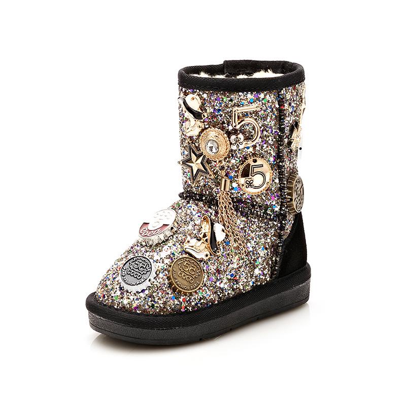 8067 Girls' Snow Boots - Medium and Large Sizes, Mid-Tube, Metal Buckle, Diamond Accents, Velvet and Cotton Lining