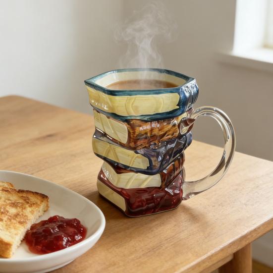 Picture Book Coffee Cup 3D Book Stacking Novel Inspired Mug 420ml Hand-Drawn Artistic Literary Mug for Book Lovers Teachers Librarians